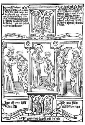 episodes from a block-book Biblia Pauperum illustrating typological correspondences between the Old and New Testaments Ein Blatt der Armenbibel, Biblia Pauperum aus dem 15. Jahrhundert, , Historisch, historical, digital improved reproduction of an original from the 19th century digitale Reproduktion einer Originalvorlage aus dem 19. Jahrhundert, Originaldatum nicht bekannt 4963298