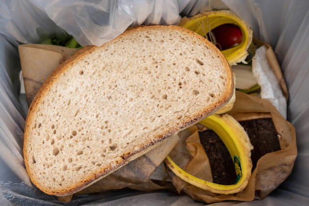 Food waste, slices of bread in organic waste