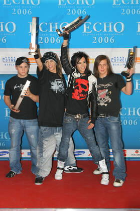 Echo Award 12 03 2006 Gustav Klaus Wolfgang Schaefer, Tom and Bill Kaulitz and Georg Moritz Hagen Listing Band Tokio Hotel , Award winners of the Echo Award, Hotel Estrel, Sonnenallee 225, Berlin 12 03 2006