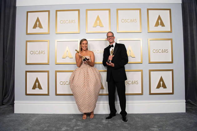 Pete Docter and Dana Murray pose backstage with the Oscars for Animated Feature Film during the live ABC Telecast of The 93rd Oscars at Union Station in Los Angeles, CA on Sunday, April 25, 2021. Los Angeles CA USA  341351095THA