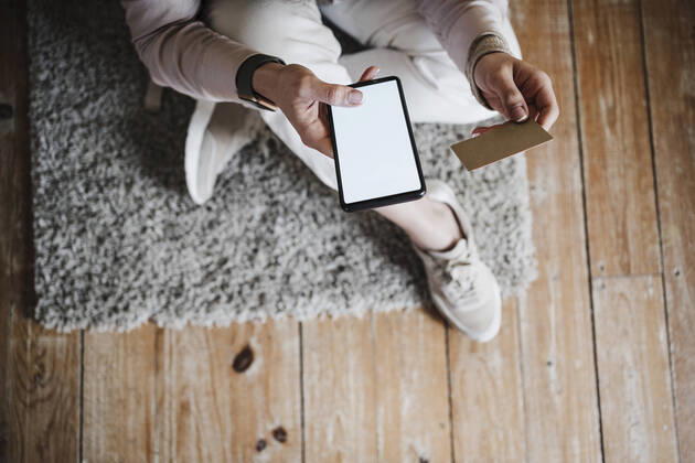 Hands of woman holding smart phone and credit card at home model released Symbolfoto property released EBBF02899