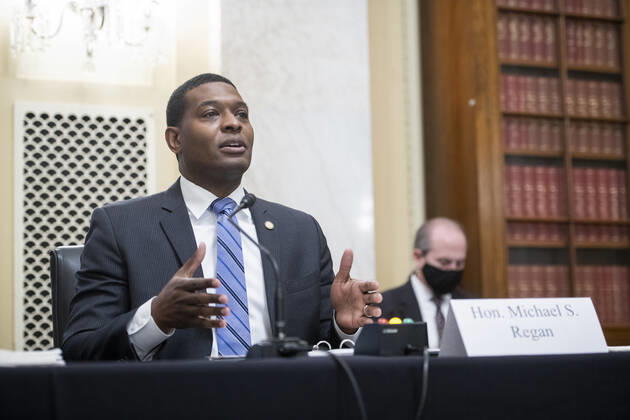 April 28, 2021, Washington, District of Columbia, USA: Michael S. Regan, Administrator, US Environmental Protection Agency, appears before a Senate Environment and Public Works hearing to examine the President s proposed budget request for fiscal year 2022 for the Environmental Protection Agency, in the Dirksen Senate Office Building in Washington, DC, Wednesday, April, 28, 2021. Credit: Rod Lamkey CNP Washington USA - ZUMAs152 20210428_zaa_s152_015 Copyright: xRodxLamkeyx-xCnpx