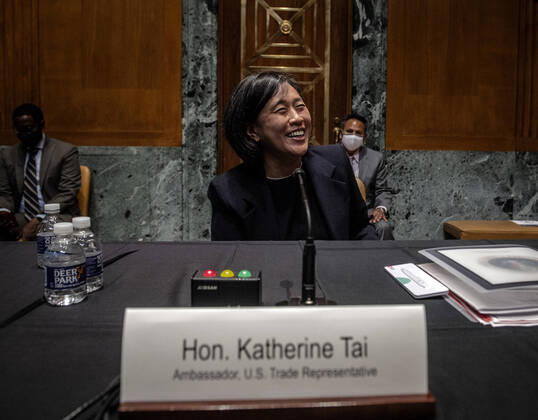April 28, 2021, Washington, District of Columbia, USA: WASHINGTON, DC - APRIL 28: United States Trade Representative (USTR) Katherine Tai smiles as photographers take her picture at the conclusion of the Senate Appropriations Subcommittee on Commerce, Justice, Science, and Related Agencies hearing to examine proposed budget estimates and justification for fiscal year 2022 for the Office of the U.S. Trade Representative, in Washington, DC Washington USA - ZUMAs152 20210428_zaa_s152_018 Copyright: xBillxO Learyx-xPoolxViaxCnpx