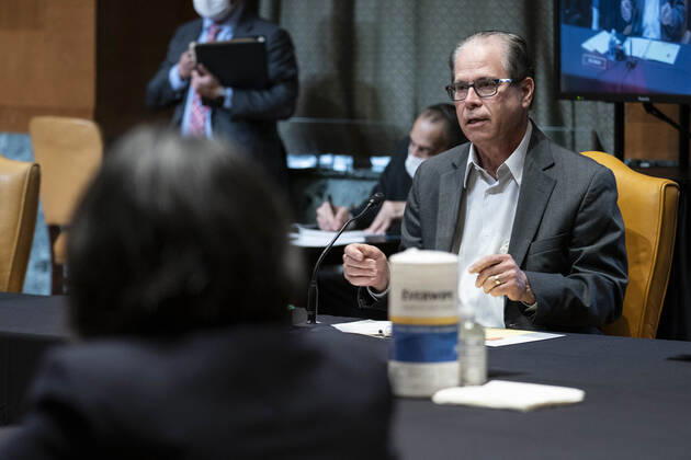 April 28, 2021, Washington, District of Columbia, USA: WASHINGTON, DC - APRIL 28: United States Senator Mike Braun (Republican of Indiana)questions U.S. Trade Representative Katherine Tai as she testifies before the Senate Appropriations Subcommittee on Commerce, Justice, Science, and Related Agencies during a hearing on the proposed budget for fiscal year 2022 for the Office of the U.S. Trade Representative on Capitol Hill on April 28, 2021 in Washington, DC Washington USA - ZUMAs152 20210428_zaa_s152_033 Copyright: xSarahxSilbigerx-xPoolxViaxCnpx