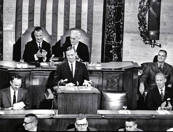 April 14, 2009, Washington, District of Columbia, USA: Washington, DC - (FILE) -- Astronaut Neil Armstrong displays his boyish grim as he shares the rostrum in the United States House of Representatives with fellow lunar travelers Michael Collins, left, and Edwin E. Buzz Aldrin, Jr., right, as they address a Joint Session of Congress on September 16, 1969. Armstrong s remarks enjoyed the applause of Vice President Spiro Agnew, left rear, and Speaker of the House John McCormick (Democrat of Massachusetts), rear right Washington USA - ZUMAs152 20090414_zaa_s152_001 Copyright: xArniexSachsx