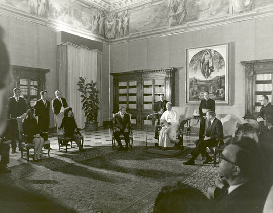 Vatican City, Vatican - (FILE) -- The Apollo 11 astronauts, Neil A. Armstrong, Edwin E. Aldrin, Jr., Michael Collins, and their wives receive a papal audience by Pope Paul VI in the Papal Library, St. Peters Cathedral at the Vatican. The GIANTSTEP-APOLLO 11 Presidential Goodwill Tour emphasized the willingness of the United States to share its space knowledge, and carried the Apollo 11 astronauts and their wives to 24 countries and 27 cities in 45 days.. Copyright: xNASAxviaxCNPx MediaPunchx