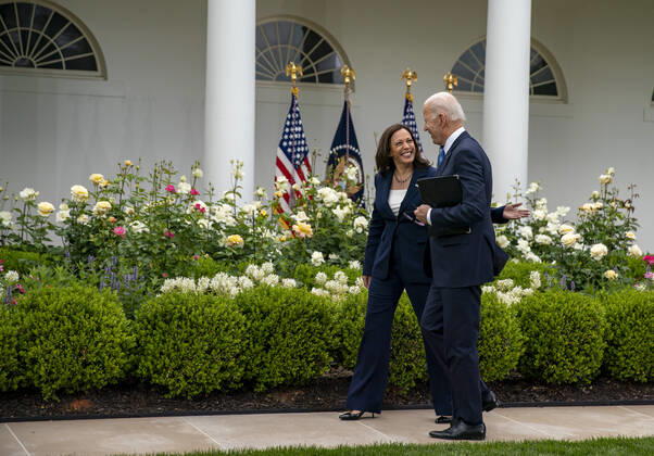 May 13, 2021, Washington, District of Columbia, USA: United States Vice President Kamala Harris and US President Joe Biden walk away after he gave remarks on the new Covid-19 Centers for Disease Control mask guidelines in the Rose Garden, at the White House in Washington, DC on Thursday, May 13, 2021. Fully vaccinated people no longer need to wear a face mask or stay six feet away from others in most settings, whether outdoors or indoors, the Centers for Disease Control and Prevention said in updated public health guidance released Thursday Washington USA - ZUMAs152 20210513_zaa_s152_212 Copyright: xTasosxKatopodisx-xPoolxViaxCnpx