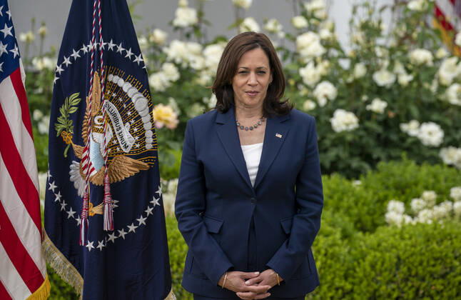 May 13, 2021, Washington, District of Columbia, USA: United States Vice President Kamala Harris listens to President Joe Biden gives remarks on the new Covid-19 Centers for Disease Control mask guidelines in the Rose Garden, at the White House in Washington, DC on Thursday, May 13, 2021. Fully vaccinated people no longer need to wear a face mask or stay six feet away from others in most settings, whether outdoors or indoors, the Centers for Disease Control and Prevention said in updated public health guidance released Thursday Washington USA - ZUMAs152 20210513_zaa_s152_214 Copyright: xTasosxKatopodisx-xPoolxViaxCnpx