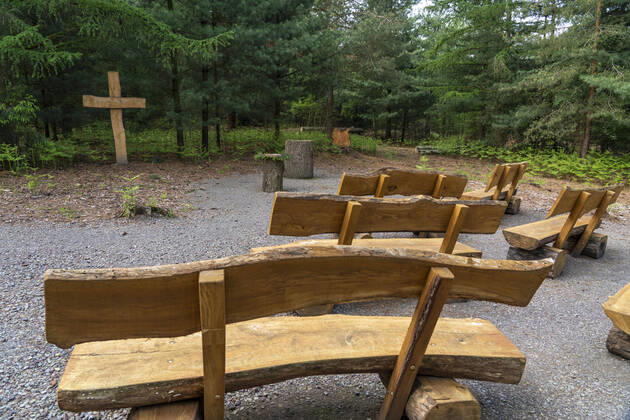 cemetery forest, place of worship, cross, wooden cross benches, wooden benches, burial place in the forest, in biodegradable urns, under trees, Niederkrüchten, NRW, Germany, cemetery forest