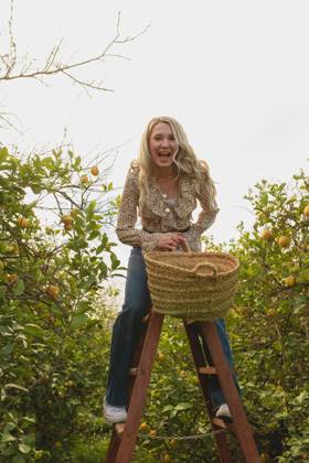 Full body of playful female screaming with mouth opened while collecting ripe lemons in orchard, Model released Copyright: xAnaxCarpiox MR