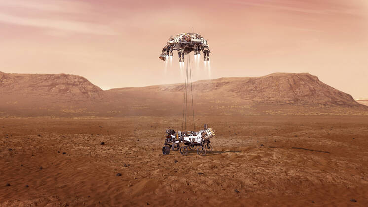 IMAGO Creative: 2022 Aussichten Artist s concept of the Perseverance rover landing safely on Mars. As soon as the rover senses that its wheels have touched the ground, it cuts the cables connecting it to the descent stage. This frees the descent stage to fly off to make its own uncontrolled landing on the surface, a safe distance away from Perseverance. Copyright: StocktrekxImages STK204828S