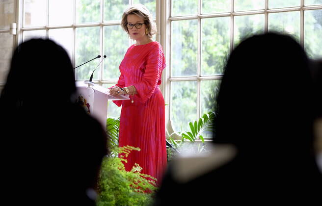 Queen Mathilde of Belgium pictured during a ceremony to award the Queen Mathilde Award 2021, in Brussels, Friday 25 June 2021. The winner of the Award is Debateville, an association with expression worshops for youngs to help express ideas.  ERICxLALMAND 06086717