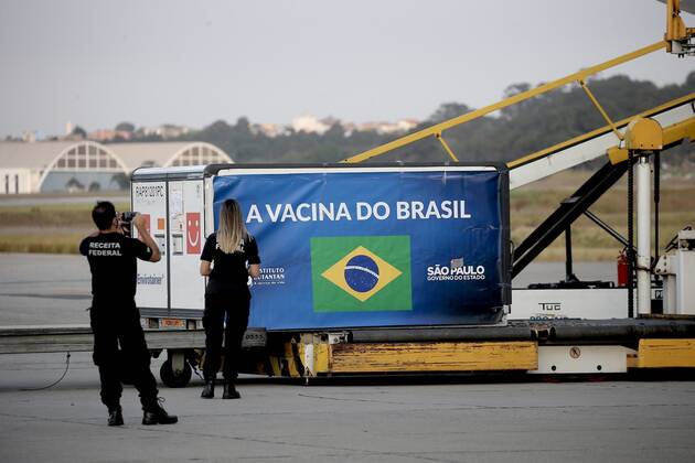 June 26, 2021: Arrival of 6,000 liters of API (Active Pharmaceutical Ingredient) at Guarulhos International Airport, in Sao Paulo state, this Saturday (26), .The inputs will allow the Butantan Institute to manufacture around 5 million doses of the Coronavac vaccine against Covid-19..The landing was accompanied by the governor Joao Doria. - ZUMAl146 20210626_zaf_l146_005 Copyright: xPauloxLopesx