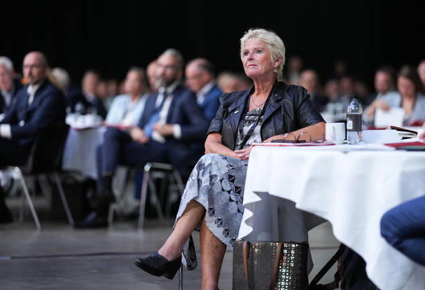 Prime Minister Mette Frederiksen S attends an intergovernmental conference on Denmark of the future, which will take place in Fredericia on Tuesday 24 August 2021. The conference offers a number of speeches and workshops. Here Lizette Risgaard chairman of FH, Fredericia Denmark Copyright: ClausxFisker ClausxFiskerx COP102 spdk20210824-140613-L