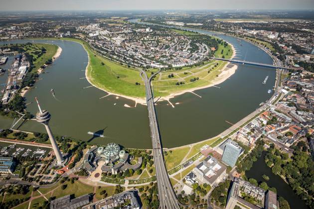 Aerial view, Rheinturm and Landtag NRW at the river Rhine with Rheinkniebrücke as well as Oberkasseler Brücke and view to Oberkassel in Duesseldorf, Rhineland, North Rhine Westphalia, Germany ATTENTIONxMINESTHONORARx60xEURO