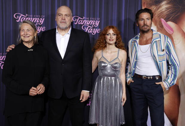 From (L-R) Cherry Jones, Vincent D Onofrio, Jessica Chastain and Marc Wystrach arrive on the red carpet at the New York Premiere of The Eyes Of Tammy Faye at SVA Theatre in New York City on Tuesday, September 14, 2021.  NYP20210914310 JasonxSzenes