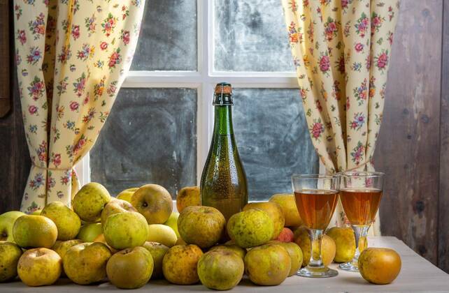  Bottle and glasses of cider with apples, near the window, in rustic house, 13.10.2020, Copyright: xphilipimagex Panthermedia27403193