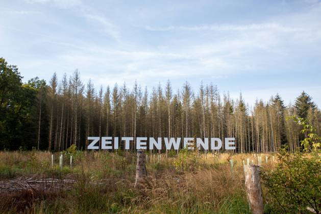 Bonn, art project wald anders denken in Kottenforst 18 10 2021 Bonn, Kottenforst The project wald anders denken is intended to provide visitors with new aspects of the forest, its sustainable management and global significance for the world climate Photo Huge lettering Zeitenwende In the background dead spruces can be seen Bonn Bad Godesberg Nordrhein West