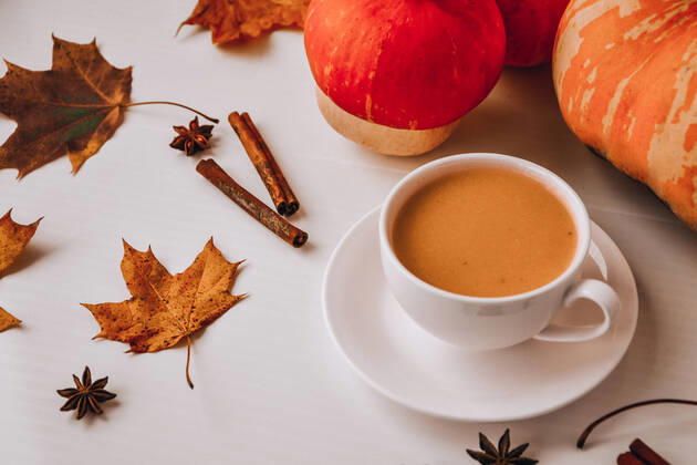 Pumpkin smoothie, spice latte. Boozy cocktail with cinnamon sticks anise stars. Maple leaves decorations. Autumn seasonal hot drinks. Pumpkin smoothie, spice latte. Boozy cocktail with cinnamon sticks anise stars. Maple leaves decorations. Autumn seasonal hot drinks. Thanksgiving day Copyright: xx 38537592