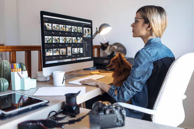 Female vlogger using computer during video conference in living room model released Symbolfoto property released JSRF01629
