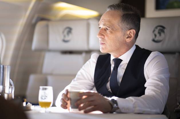 Heiko Maas, German Foreign Minister, photographed in the government plane Airbus A319 of the Flugbereitschaft on the way to Riga, 30 11 2021 Maas travels to Riga for the NATO Foreign Ministers Meeting, where among other things the political situations in Afghanistan and Ukraine will be discussed Riga Latvia Copyright: xFlorianxGaertnerx