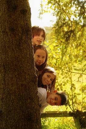 IMAGO Creative, Jahreszeit Sommer, Sommerferien Kids Hiding Behind Tree Trunk Copyright: HansonxNg 1800742