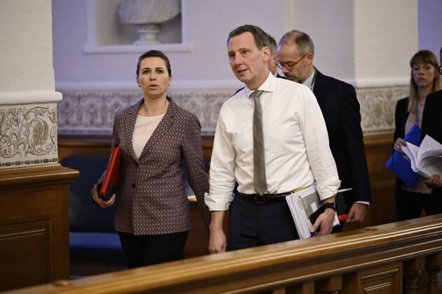 Prime Minister Mette Frederiksen S and Minister of Justice Nick Haekkerup S immediately before they are to openly consult on guidelines for storing emails and text messages, in the County Council Chamber at Christiansborg in Copenhagen on Tuesday, December 7, 2021, Copenhagen Denmark Copyright: PhilipxDavali PhilipxDavalix cop101 spdk20211207-115932-L