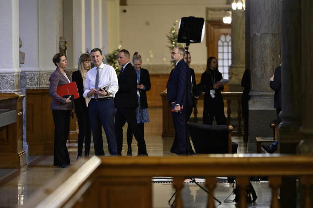 Prime Minister Mette Frederiksen S and Minister of Justice Nick Haekkerup S immediately before they are to openly consult on guidelines for storing emails and text messages, in the County Council Chamber at Christiansborg in Copenhagen on Tuesday, December 7, 2021, Copenhagen Denmark Copyright: PhilipxDavali PhilipxDavalix cop101 spdk20211207-120010-L