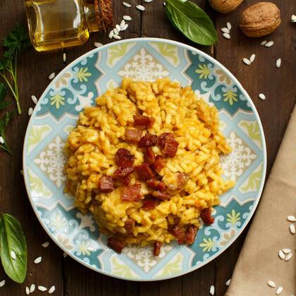 IMAGO Creative, Herbst, Food, Kürbis-Risotto Risotto with a pumpkin and bacon, 24.09.2021, Copyright: xkatrinshinex Panthermedia23406224