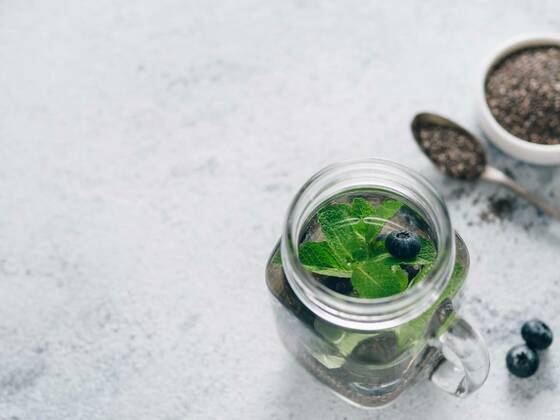  mint and blueberry chia water in mason jar, 27.09.2021, Copyright: xFascinadorax Panthermedia24487646
