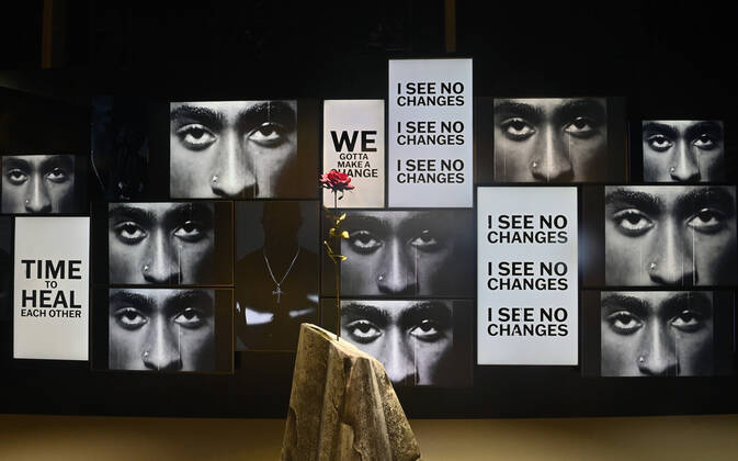 An exhibit is seen on display during the weekend opening of the Tupac Shakur. Wake Me When I m Free museum at The Canvas at LA Live in Los Angeles on Sunday, January 23, 2022. The limited-run immersive museum exploring the life, music and legacy of the rapper Tupac Shakur opened Friday.  LAP2022012304 JIMxRUYMEN
