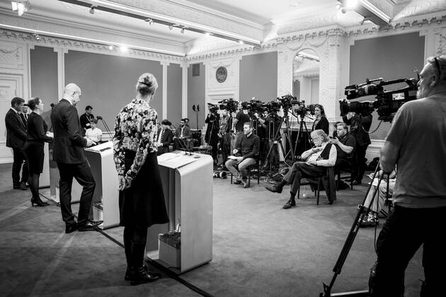Prime Minister Mette Frederiksen S, Minister of Health Magnus Heunicke S, academic director of the Statens Serum Institut Tyra Grove Krause and director of the National Board of Health Soeren Brostroem during a press conference on the corona situation in the Mirror Room in the Prime Ministers Office, Wednesday 26 January 2022, Copenhagen Denmark  Copyright: RitzauxScanpix MadsxClausxRasmussenx cop104 spdk20220126-212745-L