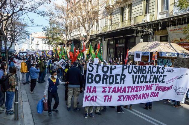 Greece: Protest against migrant pushbacks and border violence in Athens Protesters hold banner reading Stop pushbacks and border violence during a protest march against migrant pushbacks and border violence. The protest comes after Turkey has accused Greek border guards of illegally pushing the migrants back, while Athens has rejected the claims. Athens Greece Copyright: DimitrisxAspiotis