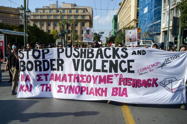 Greece: Protest against migrant pushbacks and border violence in Athens Protesters hold banner reading Stop pushbacks and border violence during a protest march against migrant pushbacks and border violence. The protest comes after Turkey has accused Greek border guards of illegally pushing the migrants back, while Athens has rejected the claims. Athens Greece Copyright: DimitrisxAspiotis