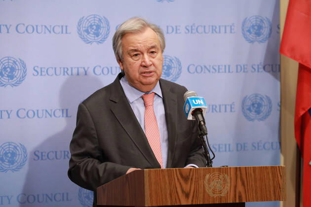 Ukraine Konflikt, Historie (220214) -- UNITED NATIONS, Feb. 14, 2022 -- UN Secretary-General Antonio Guterres speaks during a press encounter at the UN headquarters in New York, on Feb. 14, 2022. Guterres on Monday called for diplomacy to defuse the heightened tensions between Russia and Ukraine. ) UN-GUTERRES-RUSSIA-UKRAINE-TENSIONS XiexE 