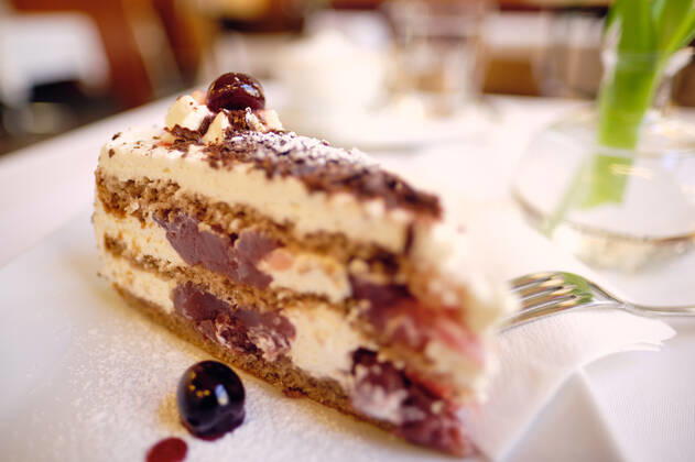 IMAGO Creative, Jahreszeit Sommer, Kirschen WIen, Austria - February 10, 2022; Cafe Maria Treu; ein Stück Schwarzwälder Kirschtorte auf dem Tisch stehend. WIen Wien Austria 