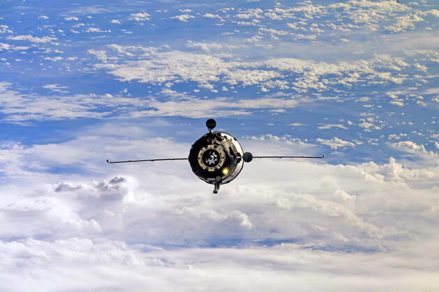 FEBRUARY 17, 2022: Pictured in this image is the Progress MS-19 spacecraft before it docks with the International Space Station. The Soyuz 2.1a rocket booster carrying the Progress MS-19 spacecraft lifted off from Baikonur Cosmodrome on 15 February 2022. Progress MS-19 has delivered 1,600 kg of dry cargo to the ISS. Roscosmos Press Office TASS THIS IMAGE WAS PROVIDED BY A THIRD PARTY. EDITORIAL USE ONLY  TS123CDB