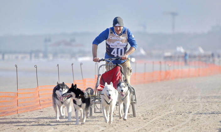 Andreas Hoppe Baltic Lights Sled dog racing on 11 March 2017 on Beach from Heringsdorf Copyright: x