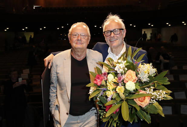 Award Winner Herbert Fritsch with Laudator Frank Castorf Berlin Theatre Prize award Ceremony on 7 May 2017 at House the Berlin Festival in Berlin Copyright: x