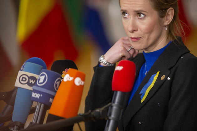 Estonian Prime Minister Kaja Kallas arrives for a special meeting of European council called in emergency after the launch of Russian military operations in Ukraine, in Brussels, Thursday 24 February 2022, at the European Union headquarters in Brussels. NICOLASxMAETERLINCK 13071028