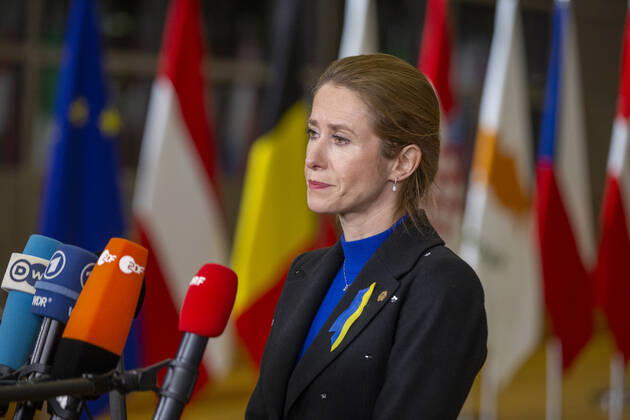 Estonian Prime Minister Kaja Kallas arrives for a special meeting of European council called in emergency after the launch of Russian military operations in Ukraine, in Brussels, Thursday 24 February 2022, at the European Union headquarters in Brussels. NICOLASxMAETERLINCK 13071281
