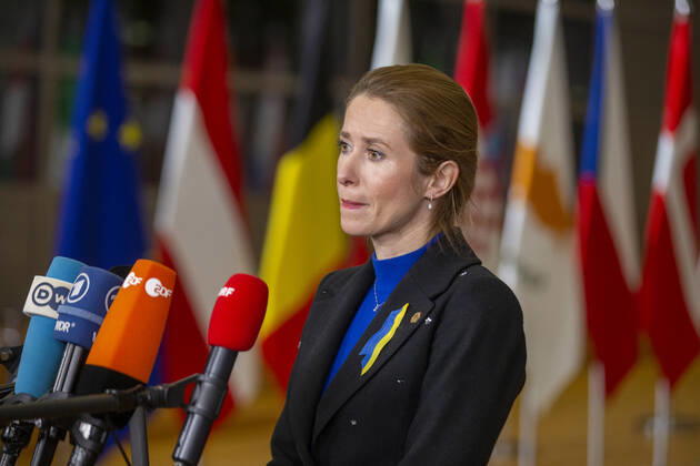 Estonian Prime Minister Kaja Kallas arrives for a special meeting of European council called in emergency after the launch of Russian military operations in Ukraine, in Brussels, Thursday 24 February 2022, at the European Union headquarters in Brussels. NICOLASxMAETERLINCK 13071344