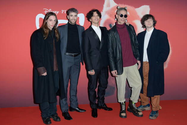 February 25, 2022, Rome, Italy: Karacaz Michele (L), Moon Ryde (L2), Manuel (C), Versaille (R2) and Baltimora (R) attend at the red carpet of Disney movie Red at The Space Cinema Moderno. Rome Italy - ZUMAs197 20220225_zaa_s197_502 Copyright: xMarioxCartellix