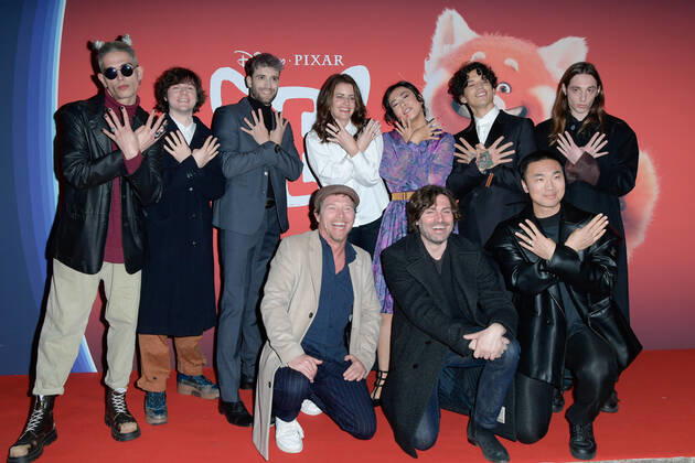February 25, 2022, Rome, Italy: Lindsey Collins (UC) and Domee Shi (UR3) with italian voices of the movie attend at the red carpet of Disney movie Red at The Space Cinema Moderno. Rome Italy - ZUMAs197 20220225_zaa_s197_551 Copyright: xMarioxCartellix