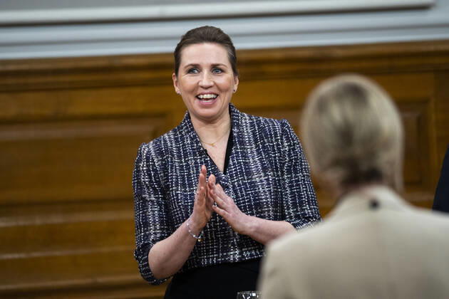 Prime Minister Mette Frederiksen S The party leaders for TV 2s debate on war in Europe, in the Common Hall at Christiansborg, Tuesday evening 8 March 2022, Copenhagen Denmark Copyright: MartinxSylvestx COP10237 spdk20220308-233345-L