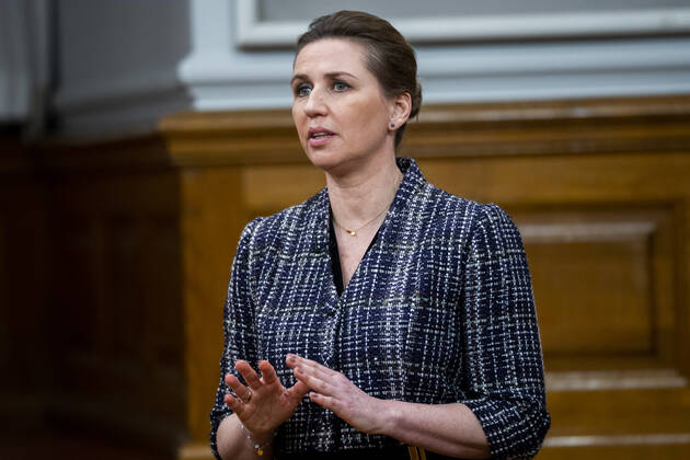 Prime Minister Mette Frederiksen S The party leaders for TV 2s debate on war in Europe, in the Common Hall at Christiansborg, Tuesday evening 8 March 2022, Copenhagen Denmark Copyright: MartinxSylvestx COP10237 spdk20220308-233351-L
