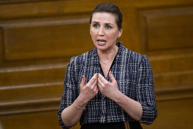 Prime Minister Mette Frederiksen S The party leaders for TV 2s debate on war in Europe, in the Common Hall at Christiansborg, Tuesday evening 8 March 2022, Copenhagen Denmark Copyright: MartinxSylvestx COP10237 spdk20220308-233403-L
