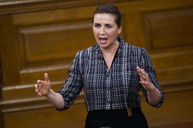 Prime Minister Mette Frederiksen S The party leaders for TV 2s debate on war in Europe, in the Common Hall at Christiansborg, Tuesday evening 8 March 2022, Copenhagen Denmark Copyright: MartinxSylvestx COP10237 spdk20220308-233412-L