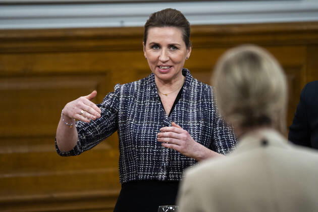 Prime Minister Mette Frederiksen S The party leaders for TV 2s debate on war in Europe, in the Common Hall at Christiansborg, Tuesday evening 8 March 2022, Copenhagen Denmark Copyright: MartinxSylvestx COP10237 spdk20220308-233420-L