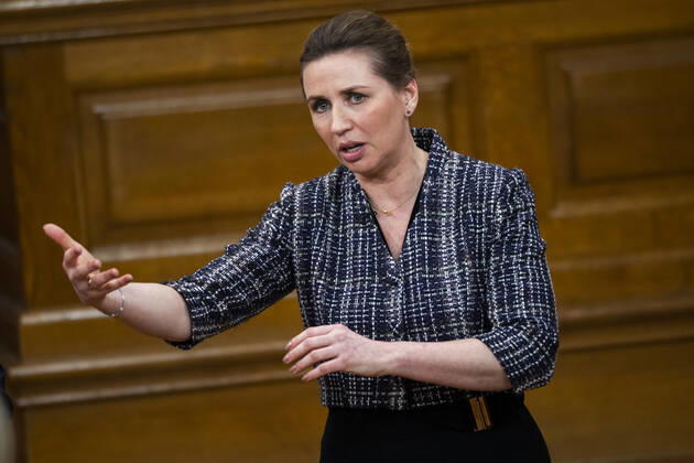 Prime Minister Mette Frederiksen S The party leaders for TV 2s debate on war in Europe, in the Common Hall at Christiansborg, Tuesday evening 8 March 2022, Copenhagen Denmark Copyright: MartinxSylvestx COP10237 spdk20220308-233428-L